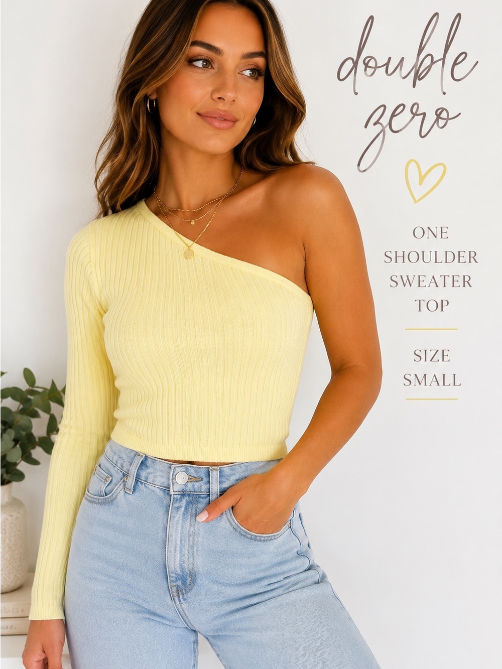 Double Zero Ribbed One-Shoulder Top in Pale Yellow